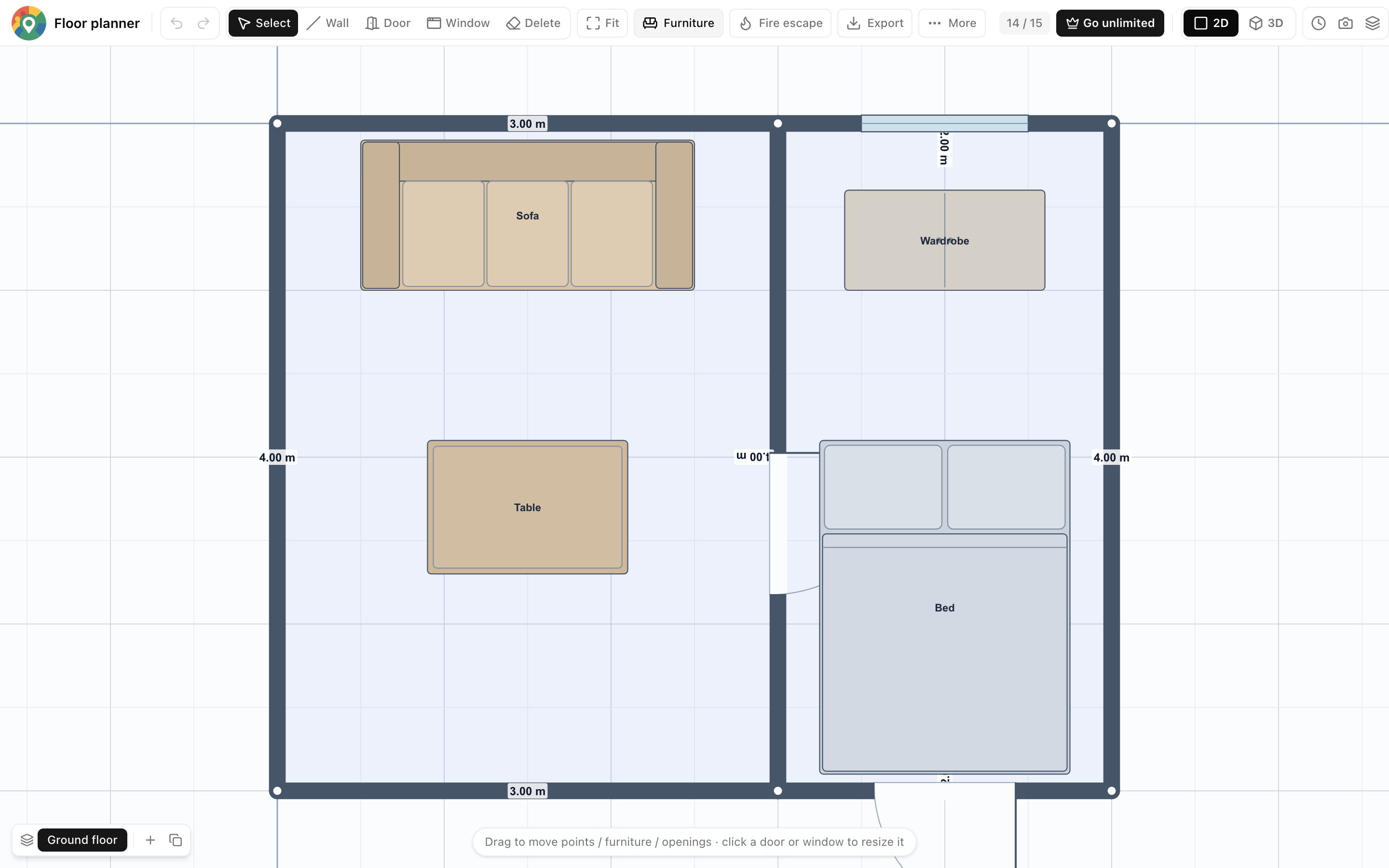 The Postcodewise floor planner showing a furnished two-room plan with live metre dimensions