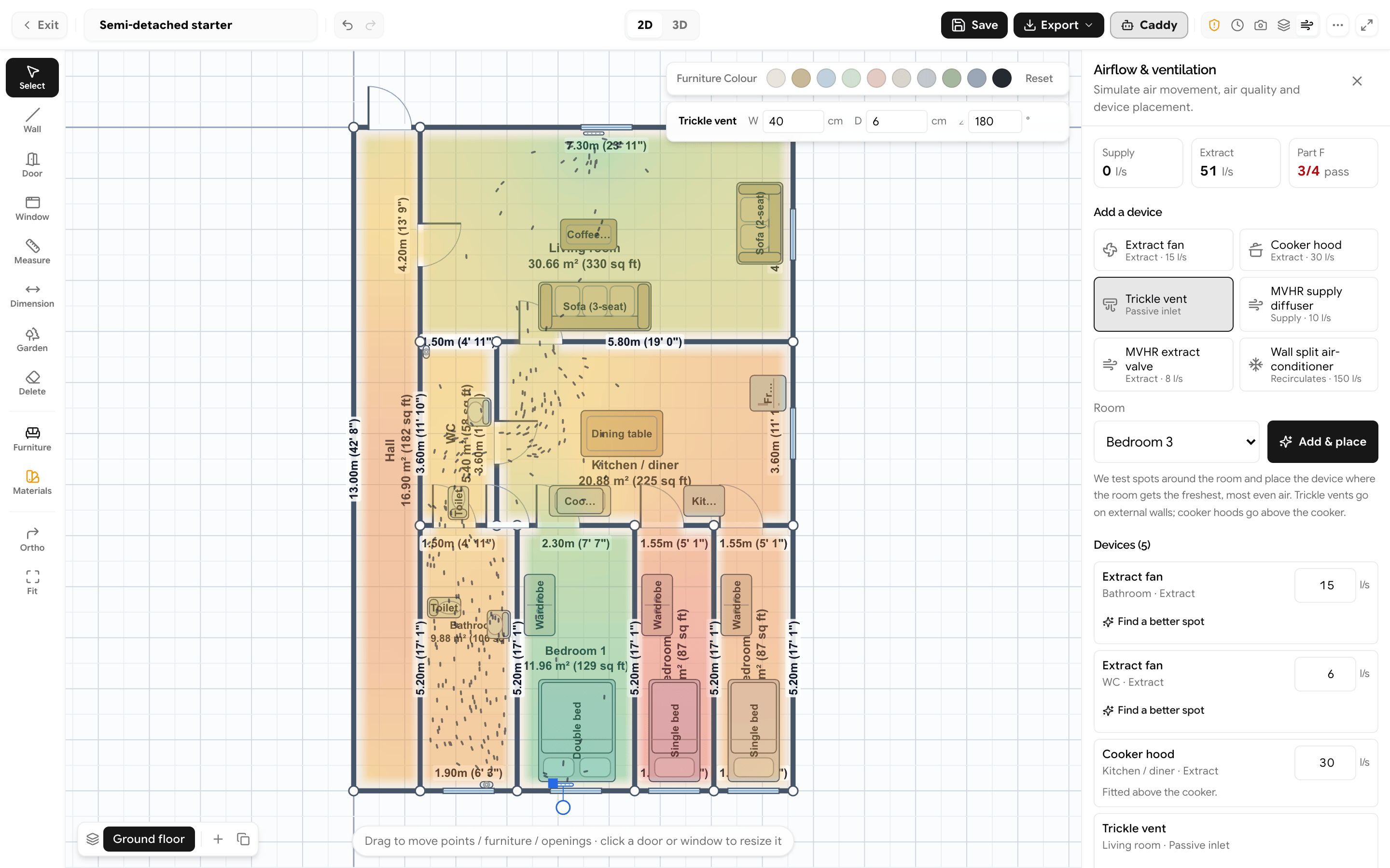 The airflow panel over a plan, with a stale-to-fresh heatmap across the rooms and a list of ventilation devices