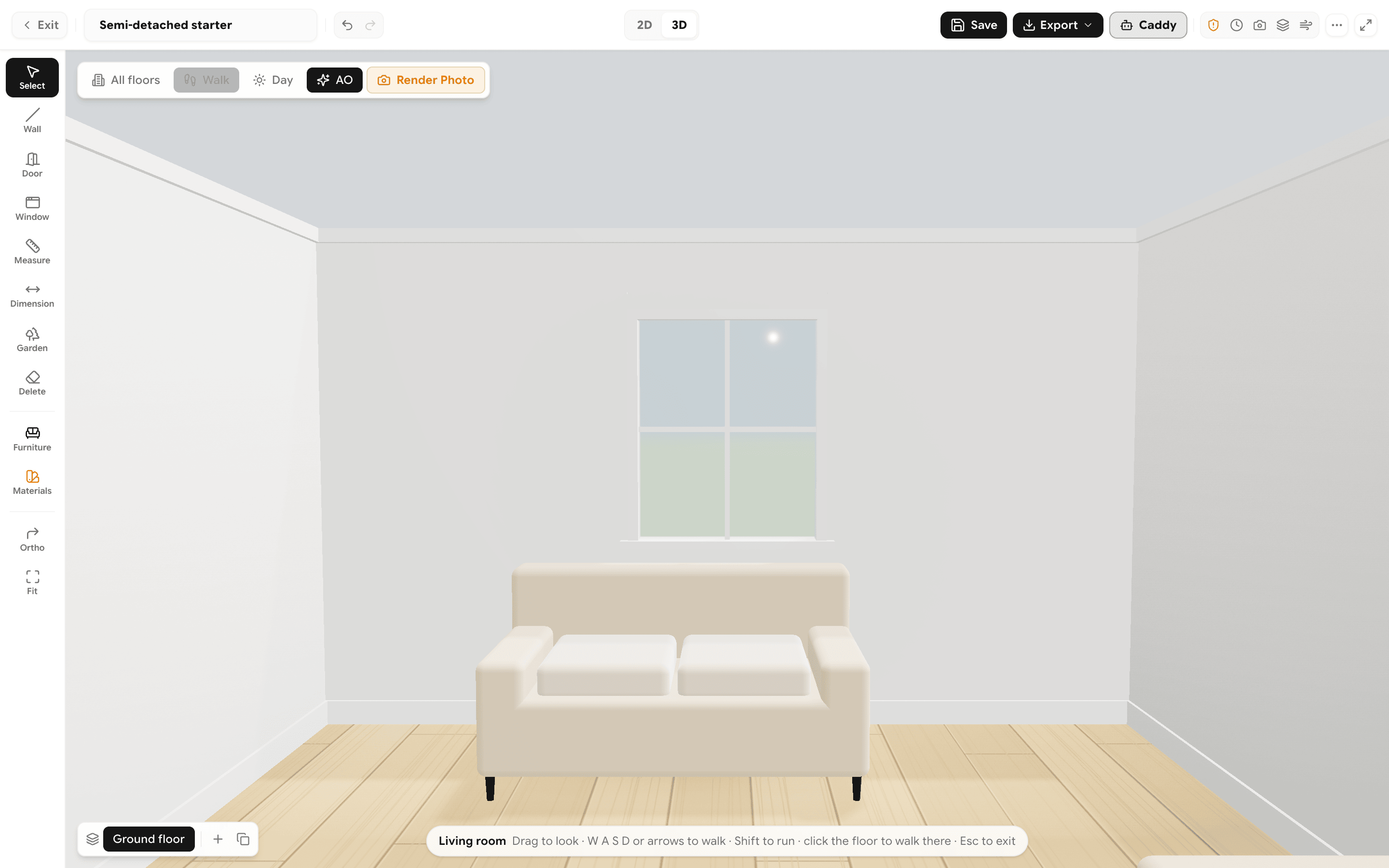 First-person walk mode standing in the living room, looking at a sofa under a window